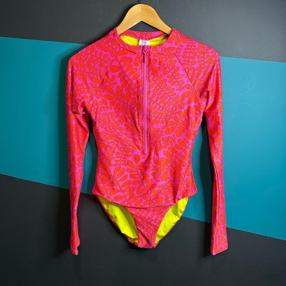 Pink and Orange Long Sleeve One Piece Swimsuit - Picture 4 of 14